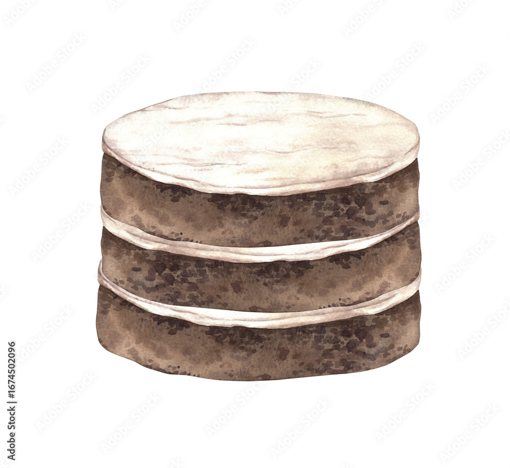 Obraz premium A multilayer cake with chocolate porous layers with delicate white cream. Watercolor illustration of a cake without different jewelry is suitable for confectionery, bakery, sweet food design.