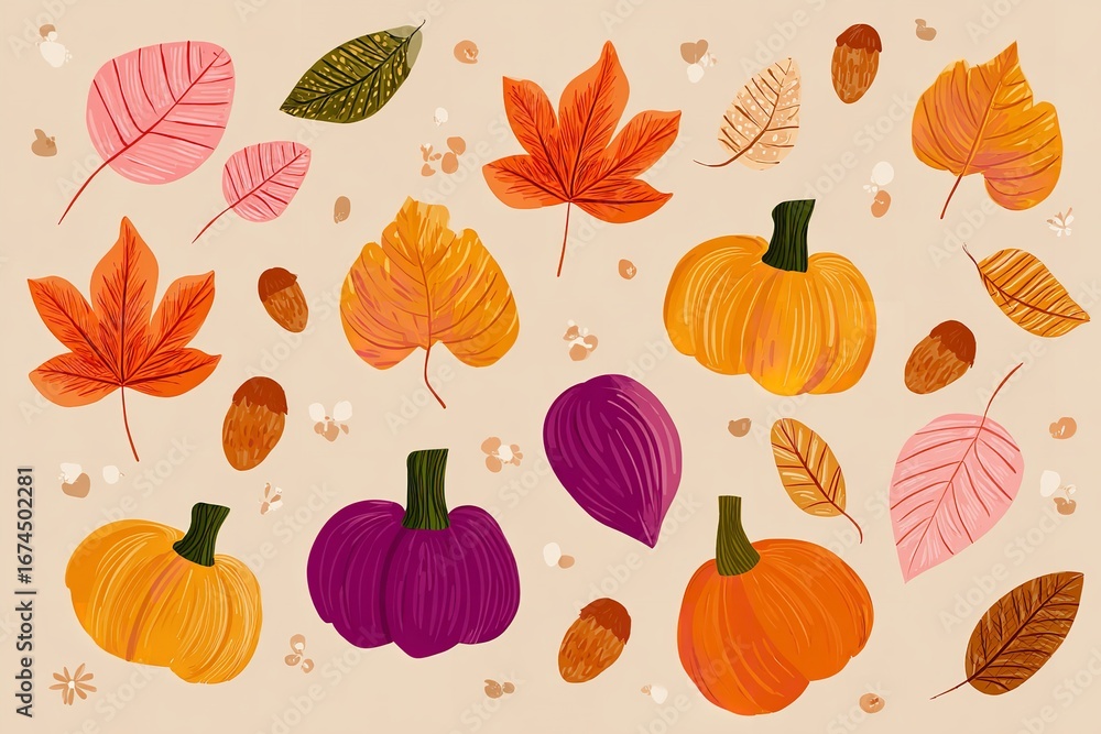 Fototapeta premium Vector illustration of autumn leaves and pumpkins in pastel muted colors, flat hand-drawn style on beige background