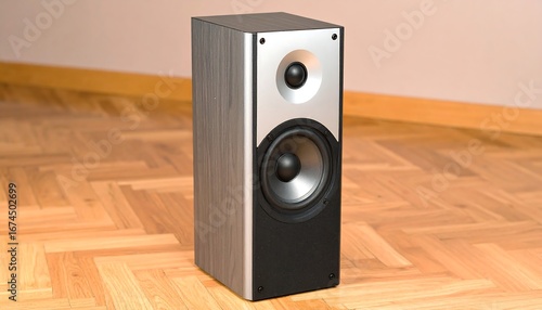 Audio speaker on wooden floor
