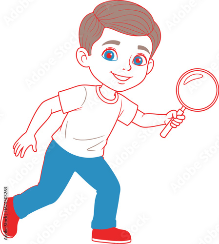 Cartoon boy exploring with a magnifying glass on a fun adventure full body shot