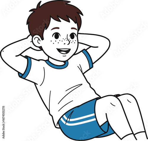Boy in sportswear doing situps with hands behind head during physical activity