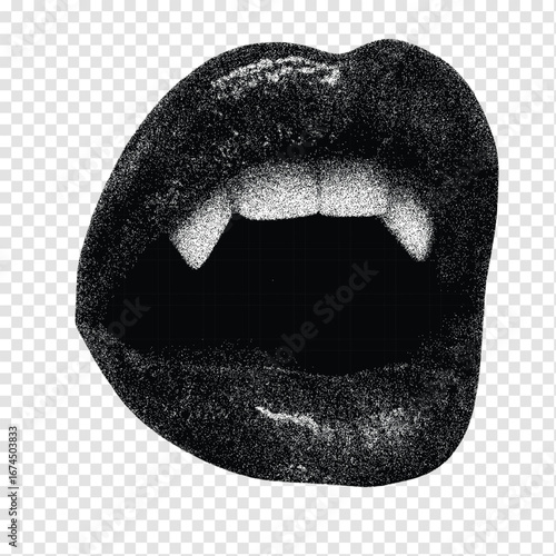 Black halftone illustration of vampire lips with sharp fangs. Retro horror style graphic art with grunge texture on a transparent background. Great for Halloween designs, spooky posters, stickers, tat