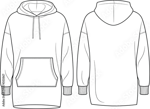 Oversized hoodie front and back view, fashion flat sketch, long sleeve sweatshirt with kangaroo pocket and drawstring hood, CAD vector illustration