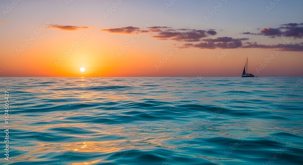 Fototapeta premium Serene sailboat glides across tranquil ocean waters at vibrant sunset, evoking peace and wanderlust.