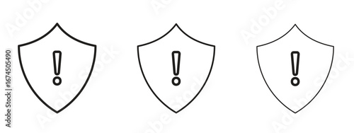 Shield exclamation icon in linear versions. Editable line