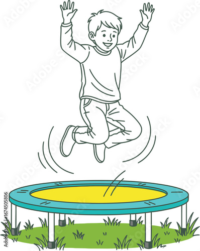 Joyful boy jumping high on a trampoline in a playful outdoor illustration style