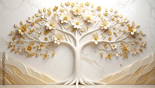 Ornate floral tree sculpture on a marble background
