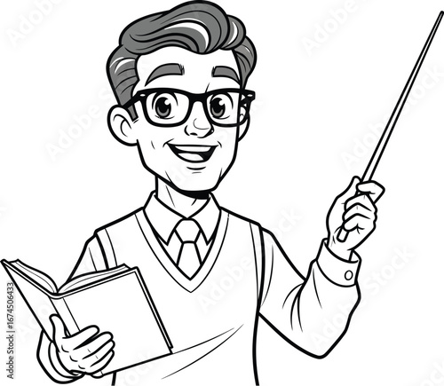 Cheerful teacher with book and pointer in black and white cartoon illustration