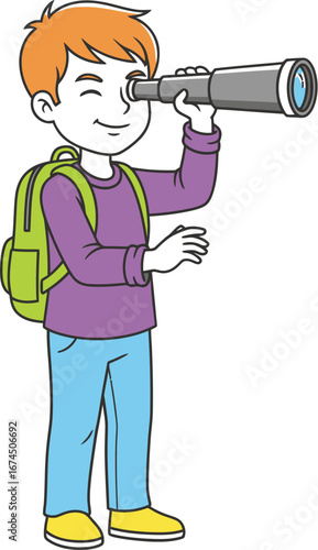 Young boy with backpack looking through a telescope art