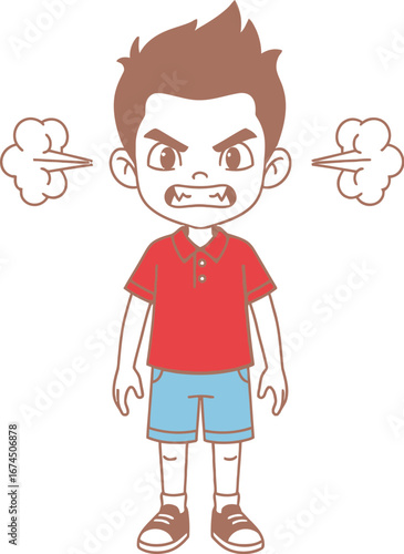 Cartoon boy with steam coming out of his ears expressing extreme anger issue