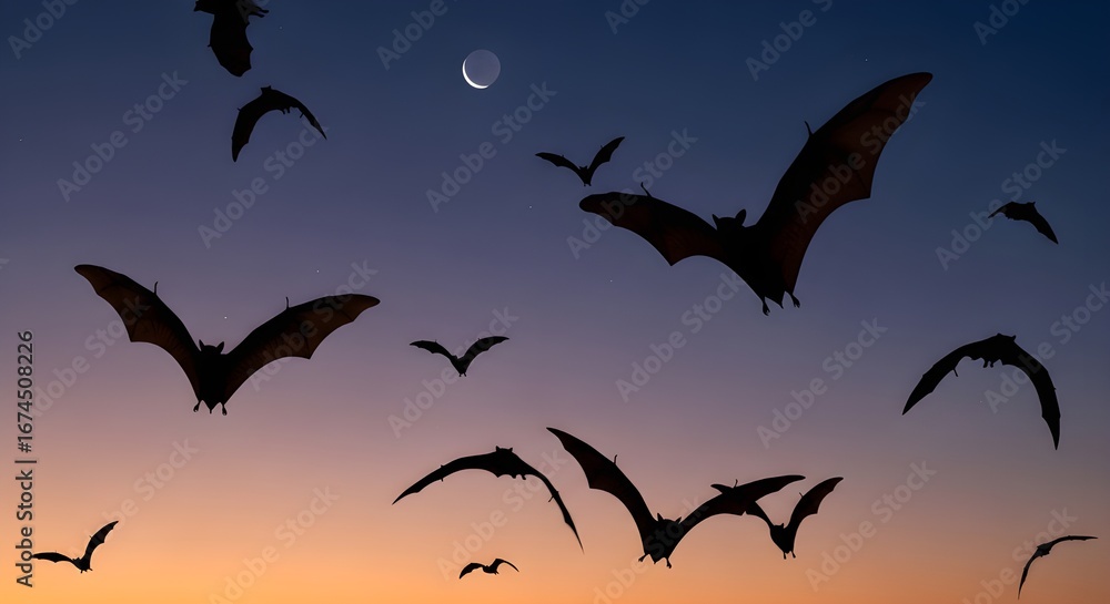 Fototapeta premium Mysterious bats silhouette against twilight sky with crescent moon, creating a hauntingly beautiful scene for Halloween
