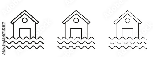 House flood icon in linear versions. Editable line