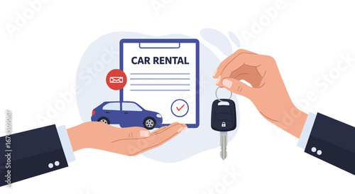 Modern vector illustration of car sharing and car rental service with hands exchanging car key and contract document
