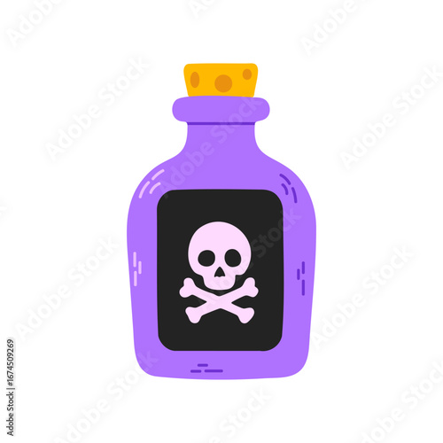 Purple poison bottle with yellow cap and skull icon for halloween design