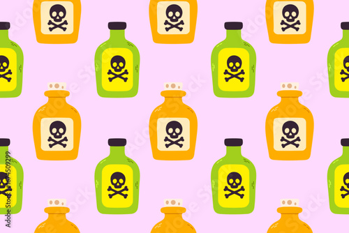 Seamless pattern with poison bottles for halloween on pink background