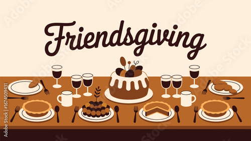 Friendsgiving celebration illustration with cake wine pies and plates on a brown table surface design