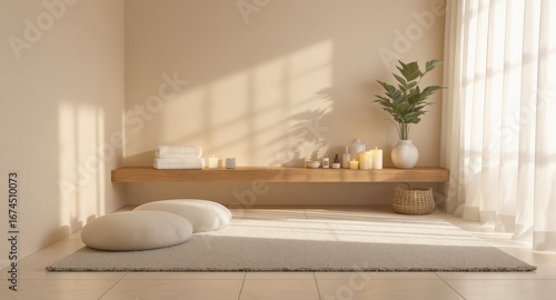 Minimalist spa and meditation room interior with candles, cushions, folded towels, indoor plant and soft natural sunlight