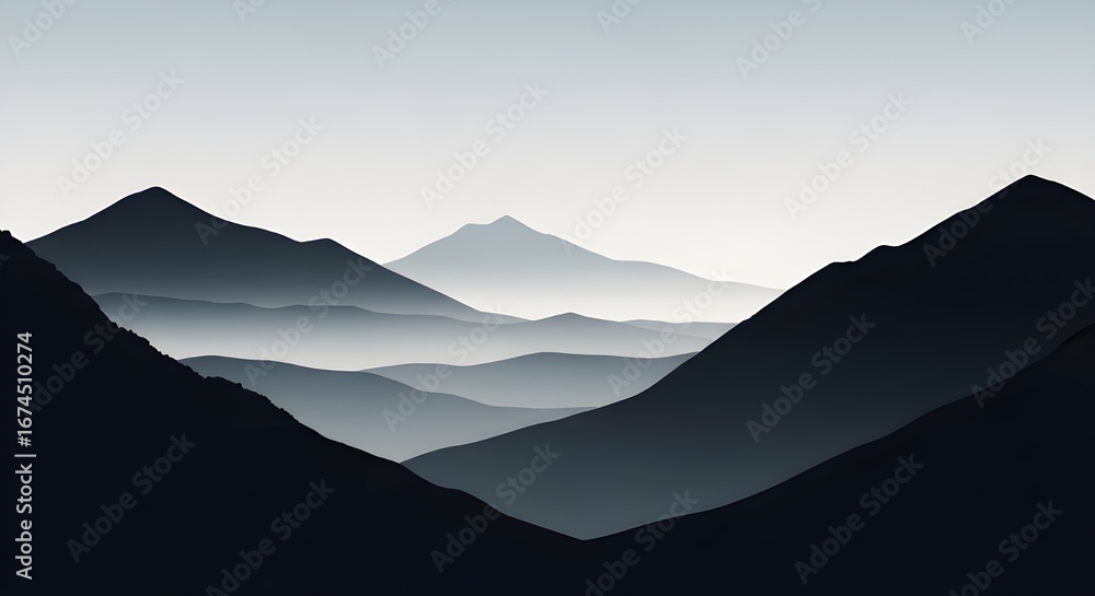 Fototapeta premium Stunning layered mountain landscape with deep blue silhouettes and soft atmospheric haze