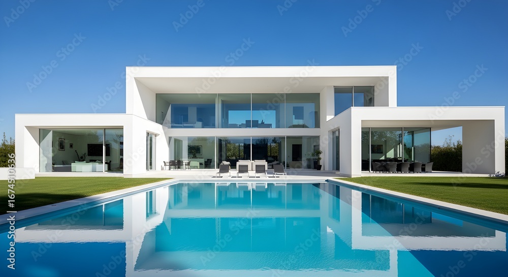 Fototapeta premium Stunning modern white villa with sparkling pool and lush green lawn on a clear blue day