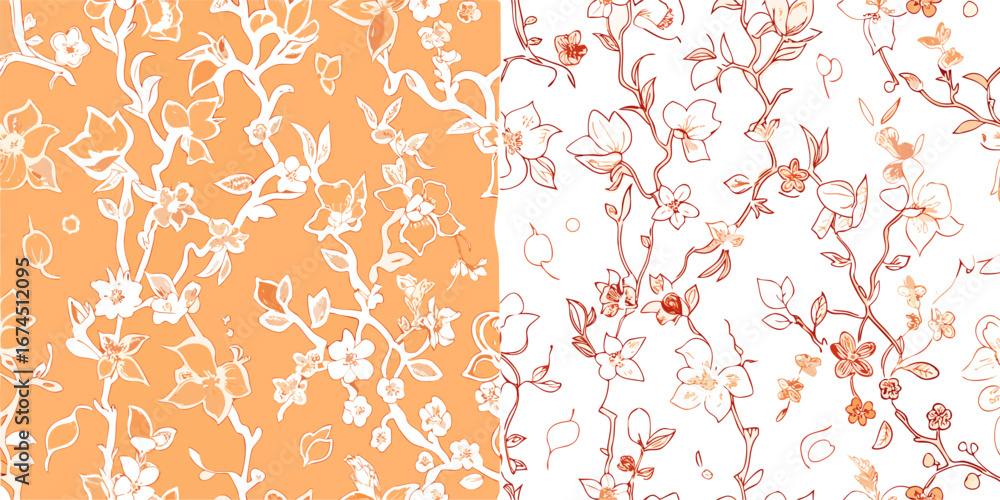 Obraz premium Orange & White Floral Pattern Seamless Repeat Textile Design