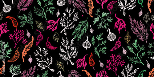 Colorful Herbs and Spices Seamless Pattern