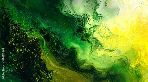 Abstract liquid art painting of a mixture of green and yellow shades creating a textured pattern, embodying fluidity, organic form, and dynamic color variations, perfect for decorative art, background
