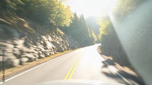 A winding mountain road stretches ahead, with trees blurring in motion.