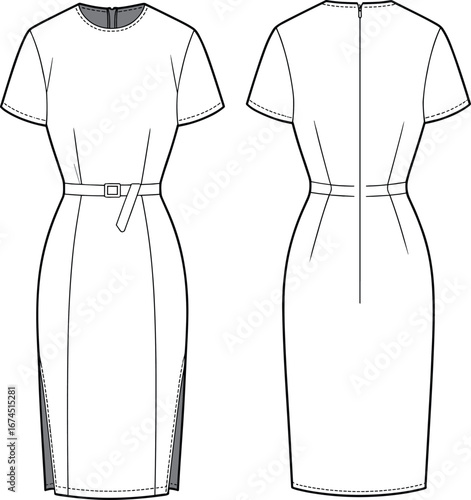 Short sleeve belted dress flat sketch, technical CAD fashion drawing, back zipper, pencil silhouette, modern women’s wear vector illustration