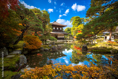 Ginkaku-ji Silver Pavilion in Kyoto with autumn colors and Zen garden reflection
