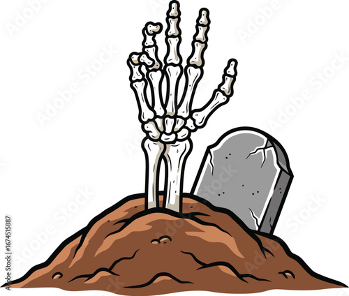 Spooky skeleton hand rises from the grave next to a tombstone illustration
