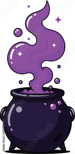 Cartoon witch's cauldron bubbles with purple potion and magical stars on white
