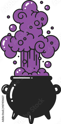 Bubbling cauldron with purple potion and steam for halloween themed designs.