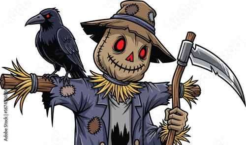 Cartoon scarecrow with a black crow perched on its arm holding a sharp scythe tool