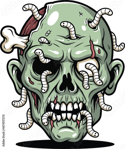 Cartoon zombie head with worms crawling out of its eyes and a bone on its head