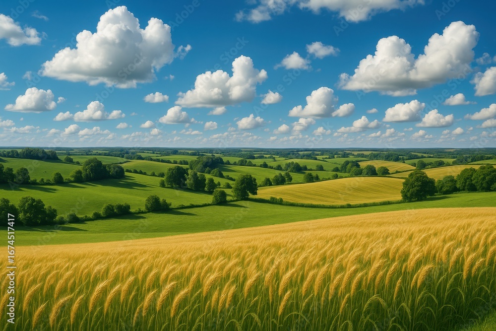 Fototapeta premium Rolling emerald hills and golden wheat fields under dramatic summer sky in European countryside