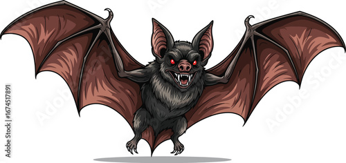 Cartoon bat with red eyes and large wings spreading out isolated on white background