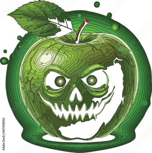 Spooky green apple with a skull face and glowing eyes on a black background art