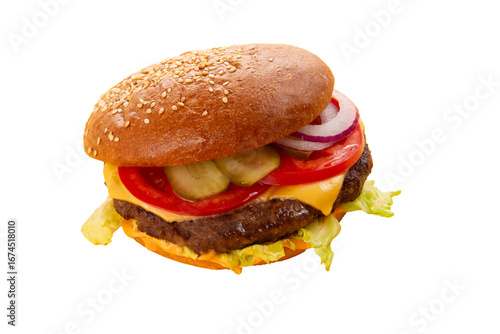 Perfect hamburger, classic burger, American cheeseburger. transparent