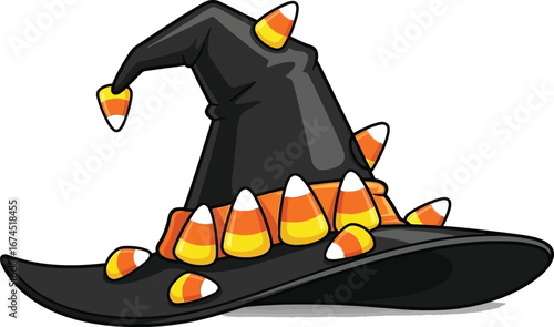 Cartoon witch hat decorated with candy corn for halloween themed designs and crafts