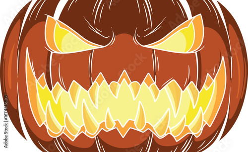 Spooky halloween pumpkin with glowing eyes and sharp teeth on a black background