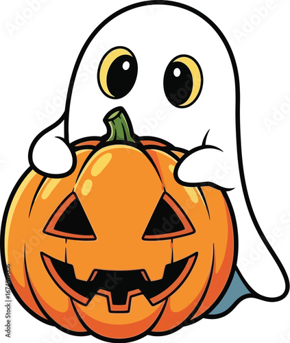 Cute cartoon ghost hugs a carved halloween pumpkin with a happy jack o lantern face