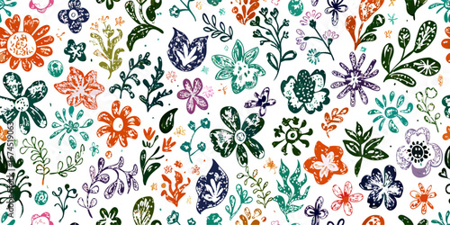 Colorful Floral Pattern Seamless Design: Hand-Drawn Flowers & Leaves
