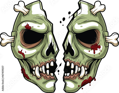 Two halves of a zombie skull with bones and blood cartoon style halloween design