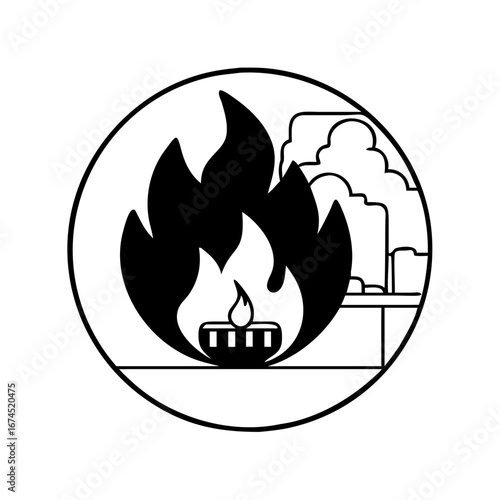 Vector art of burning fire flame with industrial background, representing heat, energy, and power of combustion
