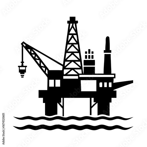 Vector art of silhouette of an offshore oil platform with a crane and drilling rig in the sea