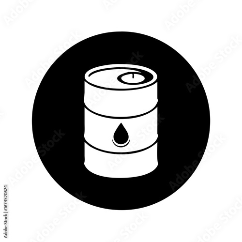 Vector art of black and white illustration of an oil barrel with a drop, , representing the petroleum industry and energy