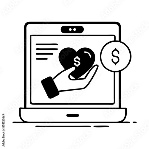 Vector art of online donation concept showing a hand holding a heart with a dollar sign on a laptop