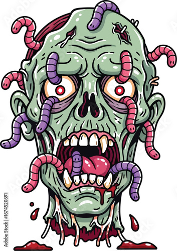 Scary cartoon zombie head with worms crawling out of it for halloween designs