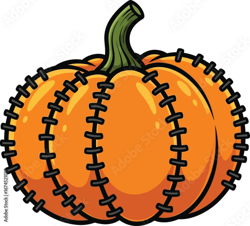 Cartoon pumpkin with black stitches perfect for halloween themed designs use.