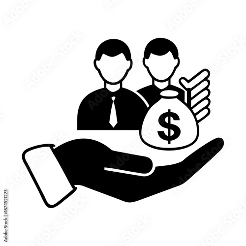 Vector art of a hand holding a money bag with two people behind it, symbolizing teamwork and financial success